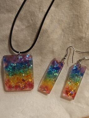 Rainbow Resin Pendant & Earrings Set - Colorful Gradient Women’s Jewelry
